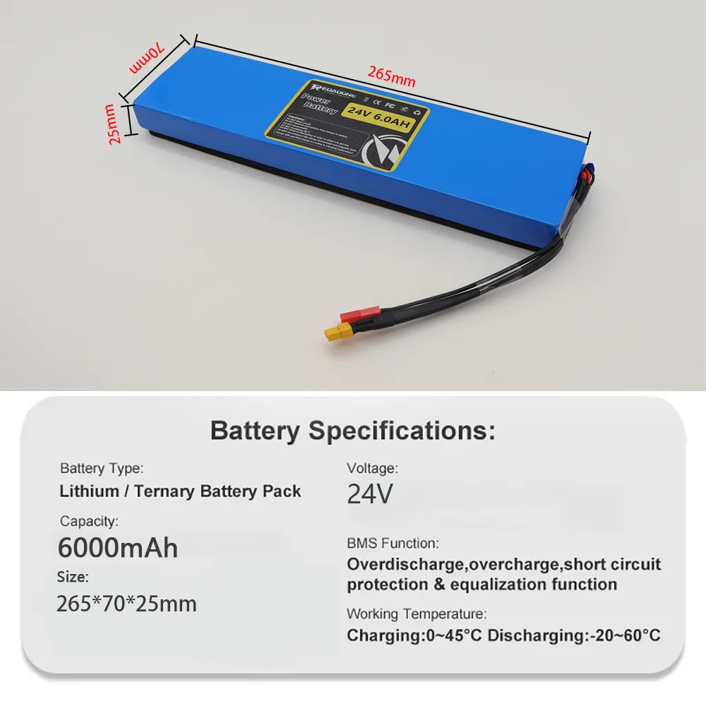 بطارية سكوتر كهربائي Reoaoone 24 فولت 6000 مللي أمبير في الساعة - حزمة ليثيوم خفيفة الوزن طويلة المدى مع BMS مدمجة وحماية آمنة