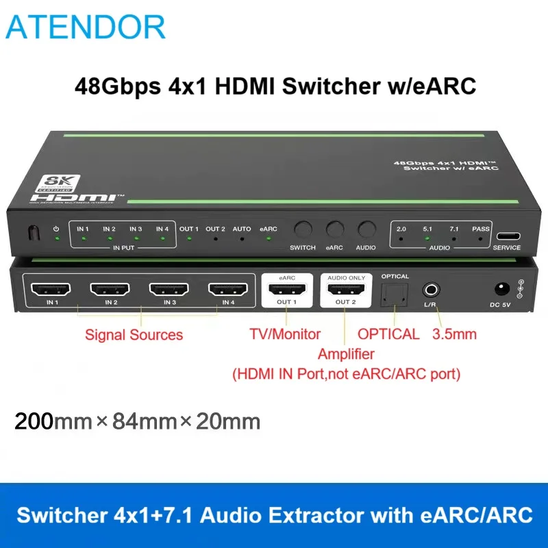 HDMI2.1 Switcher 4x1 7.1 Audio Extractor eARC 7.1 SPDIF L/R Converter 48Gbps 4K120Hz VRR ALLM HDR10+ DTS:X Dolby Atmos Vision