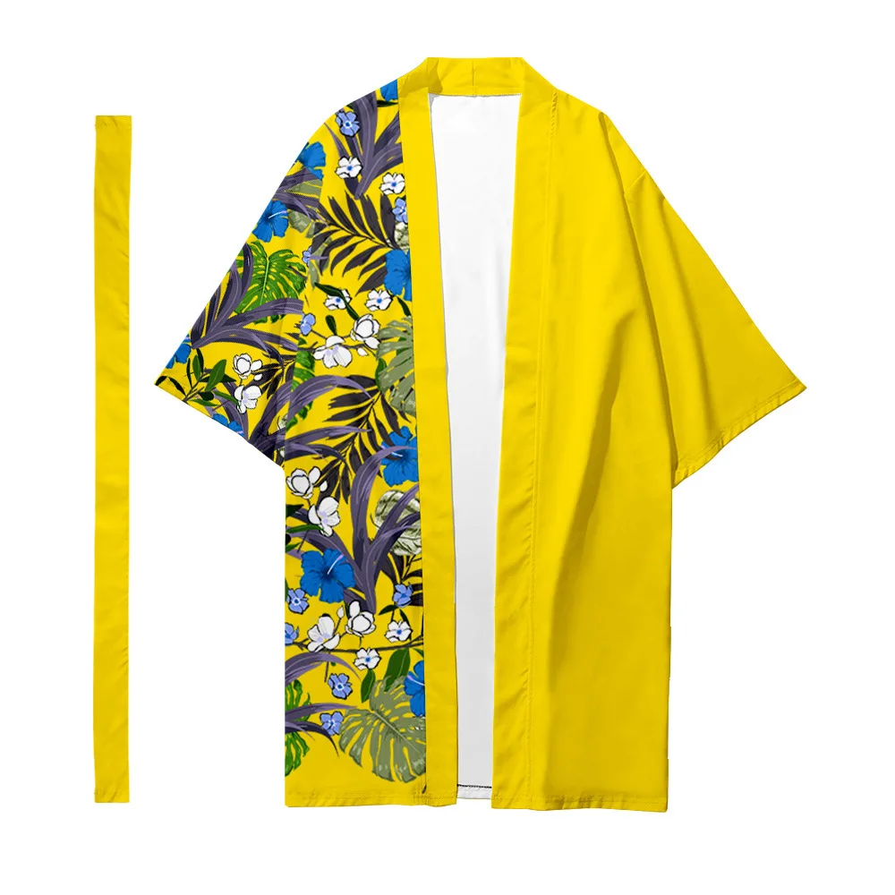 

Men's Japanese Long Kimono Cardigan Men's Samurai Costume Kimono Tropical Plant Pattern Kimono Shirt Yukata Outer Cover 10