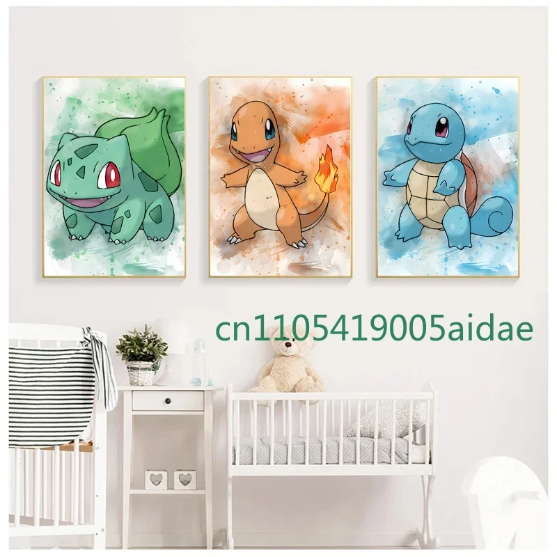 

Anime Pokemon Bulbasaur Charmander Squirtle Poster and Print Watercolor Wall Canvas Painting Art Picture Home Decor Kids Gifts
