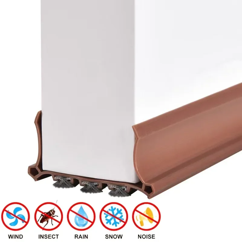 100CM PVC Door Draft Stopper with Brush Soundproof Under-Door Bottom Seal Strip Noise Reducing Rubber Door Sweep Breeze Blocker