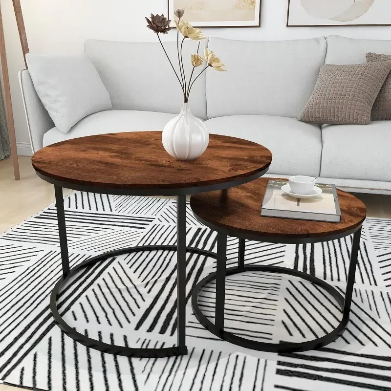 Round Coffee Table Set of 2 Modern Nesting Side End Table for Living Room,Round Wooden Coffee Table with Solid.