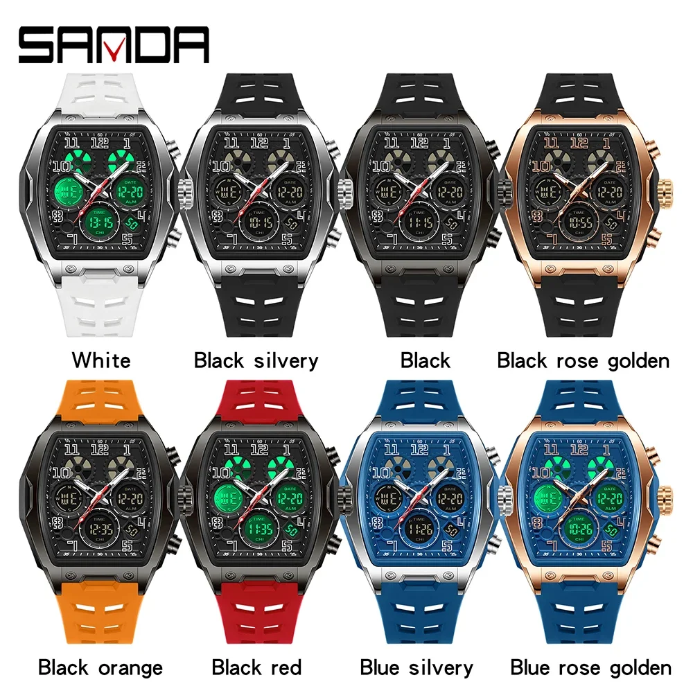 SANDA جديد 6266 رجل الموضة الساعات الإلكترونية الرياضية متعددة الوظائف إضاءة مقاومة للماء ضوء الليل الرقمية الكوارتز ساعة يد رجالي