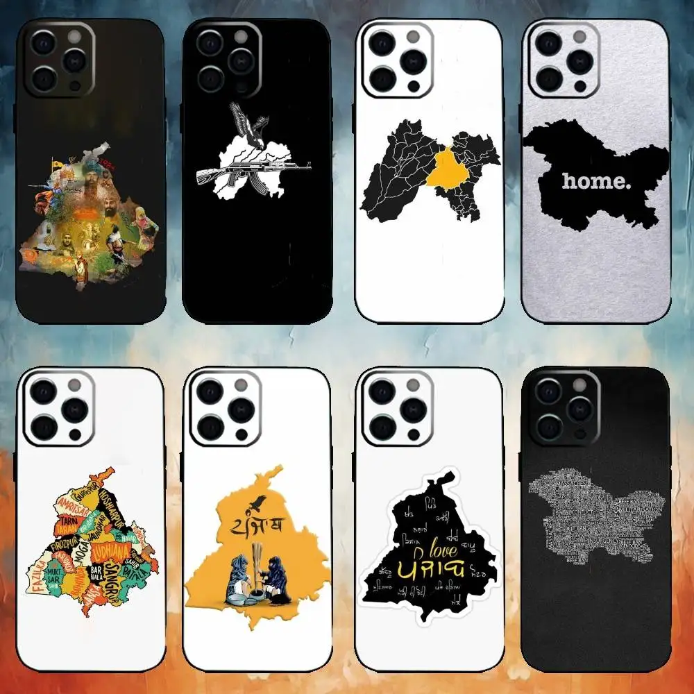 Чехол для телефона ART Punjab Map для iPhone 17,16,15,14,13,12,11 Plus, мягкий черный чехол Pro Max