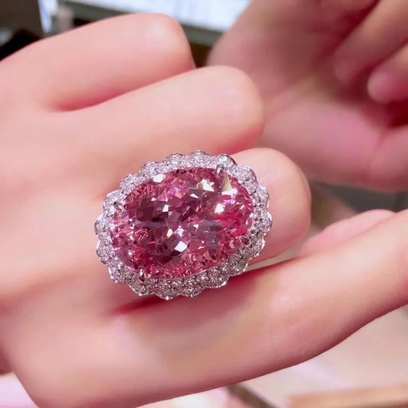 High-end Pink Zircon New Full Diamond Luxurious Elegant Open Ring Women's Jewelry