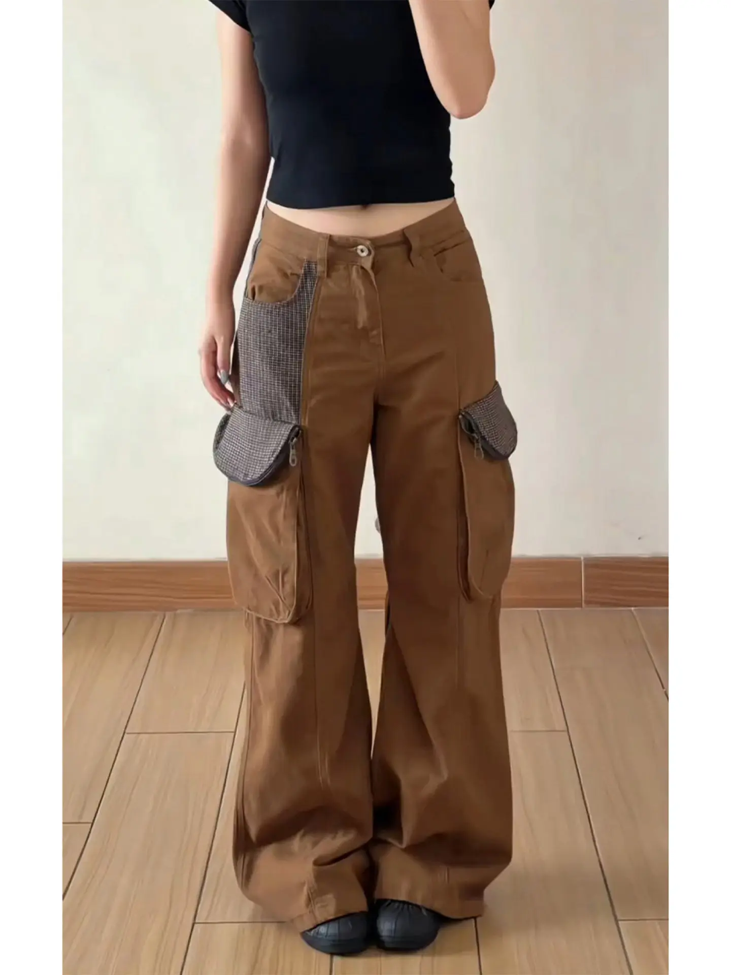Women Brown Goth Y2k Emo Jeans Harajuku Vintage Baggy Denim Trousers Japanese 2000s Style Grunge Rhinestone Jeans Pants Clothes