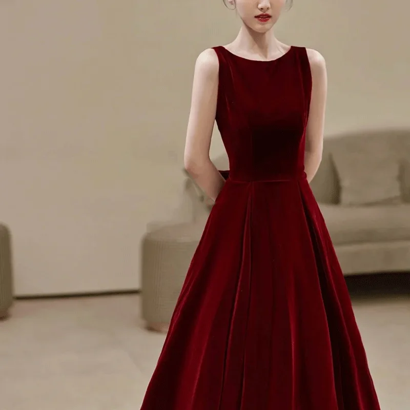 Evening Dresses red silk minimalism velet gown Wine Party L0731