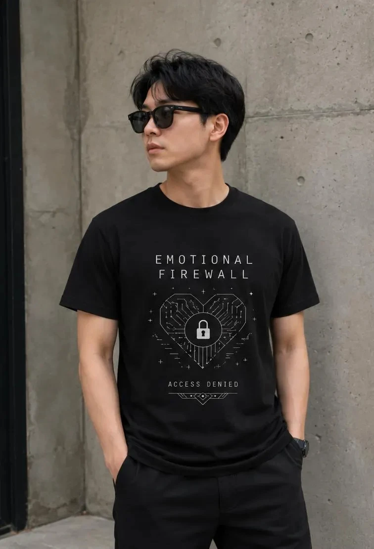 Camiseta Emotional Firewall, camiseta con gráfico cibernético Access Denied, ropa tecnológica minimalista, tendencia de moda, cómoda y casual