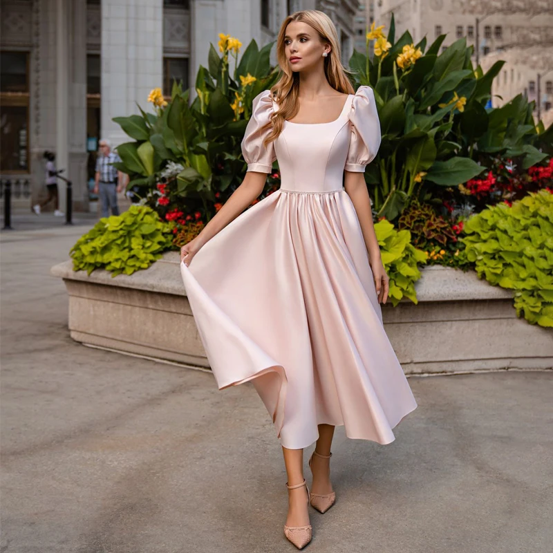 

2022 Scoop New Design Short Puff Sleeve Beads Tea-Length A-Line Satin Prom Dress Evening Gown vestido formatura longo