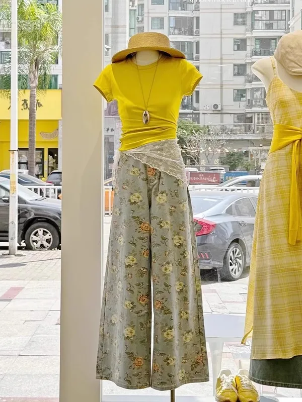 

Yellow Slim Fit Printed T-Shirt And Pants Two-Piece Set Summer Dopaamine Outfit Commute Style High Waist Long Pants Fashionable