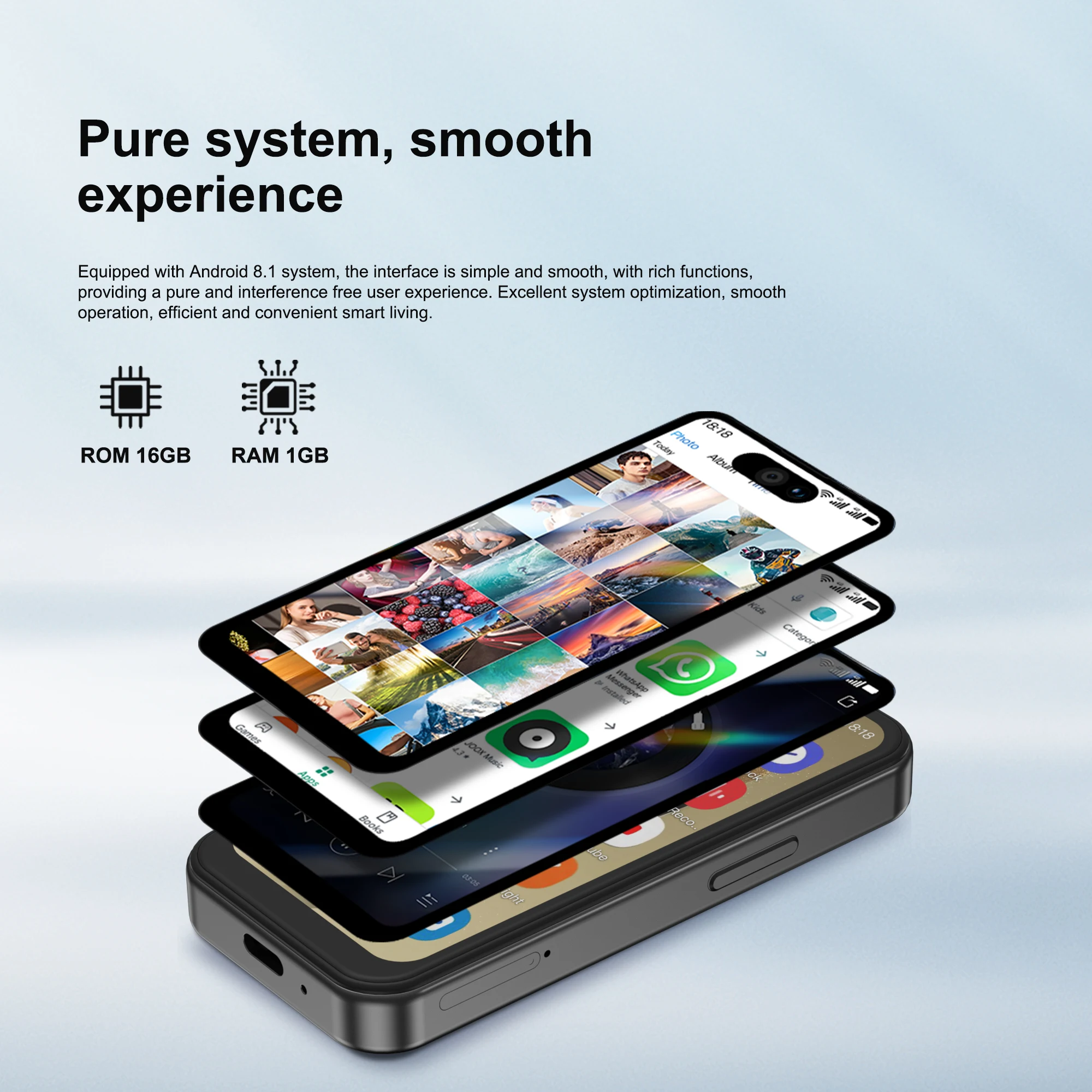 SERVO Android Mini Smartphone 2 SIM en espera 3G WCDMA 1GB RAM 16GB ROM WiFi Play Store cara desbloqueo pantalla de 3,75 "pequeño teléfono inteligente