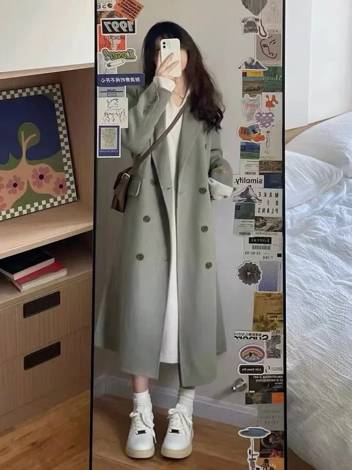 Women Long Woolen Windbreaker Coat Korean Loose Fashion Single-breasted Lapel Coats Female Autumn Winter Warm Lady Overcoats
