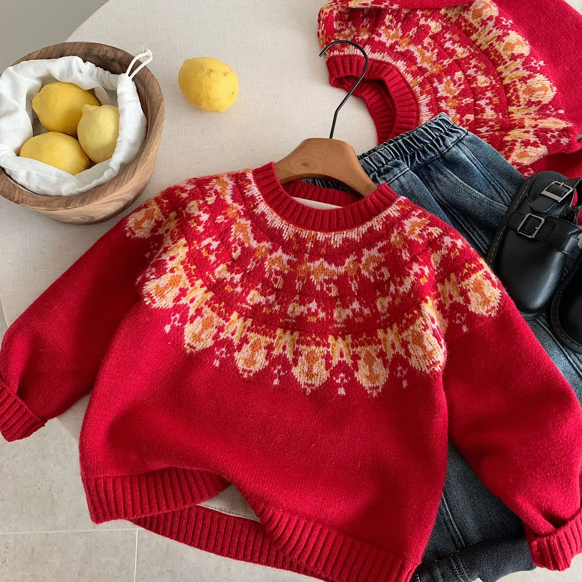

Toddler Boys Christmas Sweater New Winter Cartoon Jacquard Thicken Warm Infant Baby Girls Knitwear Round Neck Kids Boy Pullovers