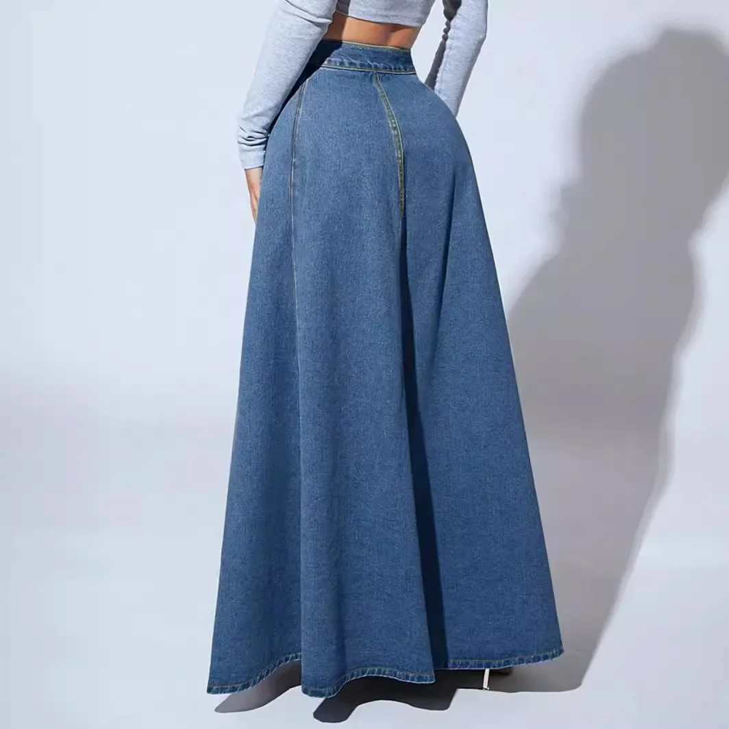 Jupe longue en jean pour femmes, ligne A, simple boutonnage, taille haute, Vintage, Maxi, Simple, décontractée, élégante, épissure, Streetwear Y2k