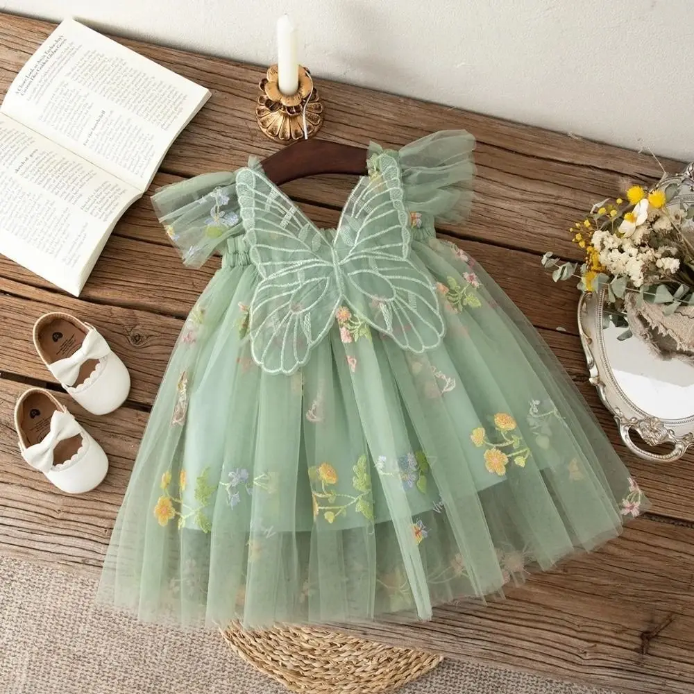 Polyester Baby Girl Tulle Dress Snap Closure Butterfly Wing Infant Romper Dress Sleeveless Princess Party Dress Photo Shoot