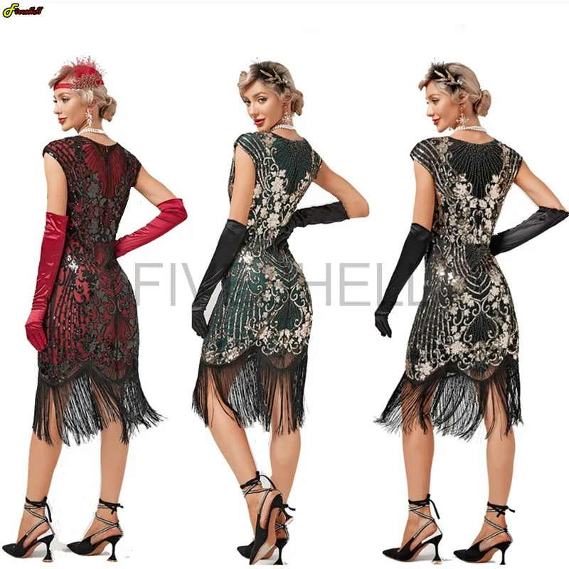 Women 20s Vintage Great Gatsby Cosplay Dress Double V-Neck Sleeveless Beaded Sequin Tassel Vestido Art Deco 1920s Flapper Dress