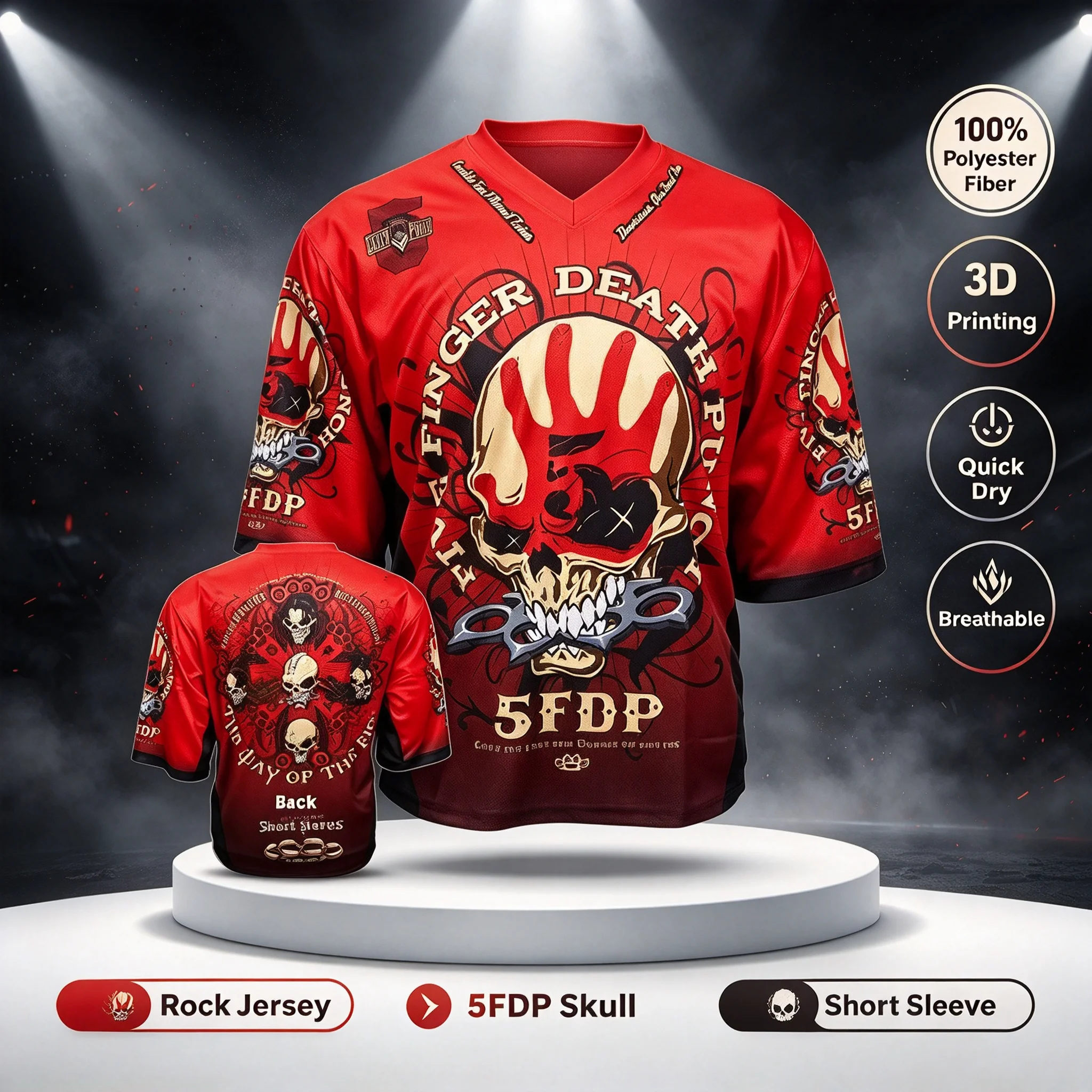2026 New Five Finger Death Punch 5FDP Double Sided Football Jersey Red Skull Graphic Heavy Metal Band Fan Shirt Family Clothing