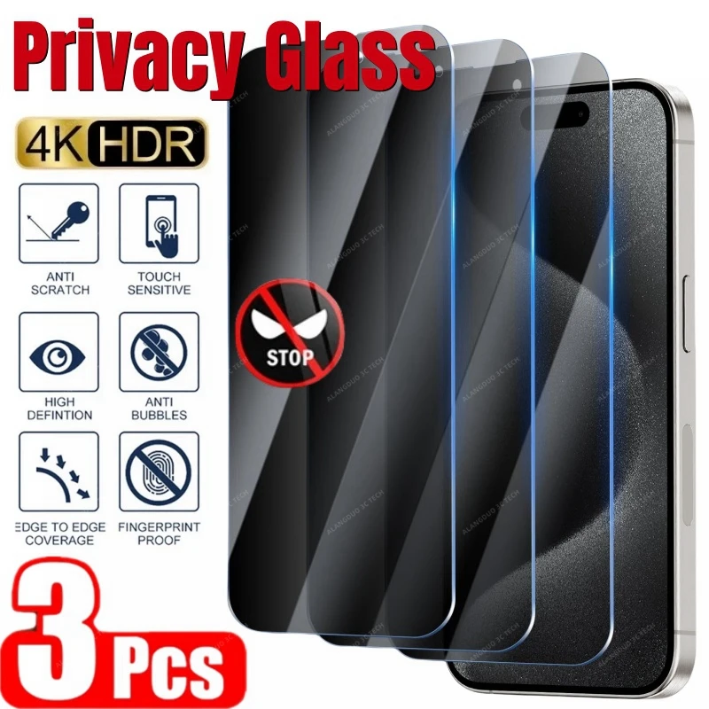 3PCS Privacy Glass for iPhone 16 Pro Max 15 14 Plus 13 Mini Full Cover Screen Protector Anti-spy glass for iphone 16pro 15pro