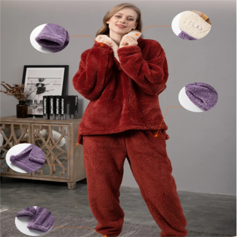 Conjunto de Pijama de terciopelo cálido para mujer, ropa de dormir para el hogar de satén, cómoda, de seda de felpa, suave, de invierno