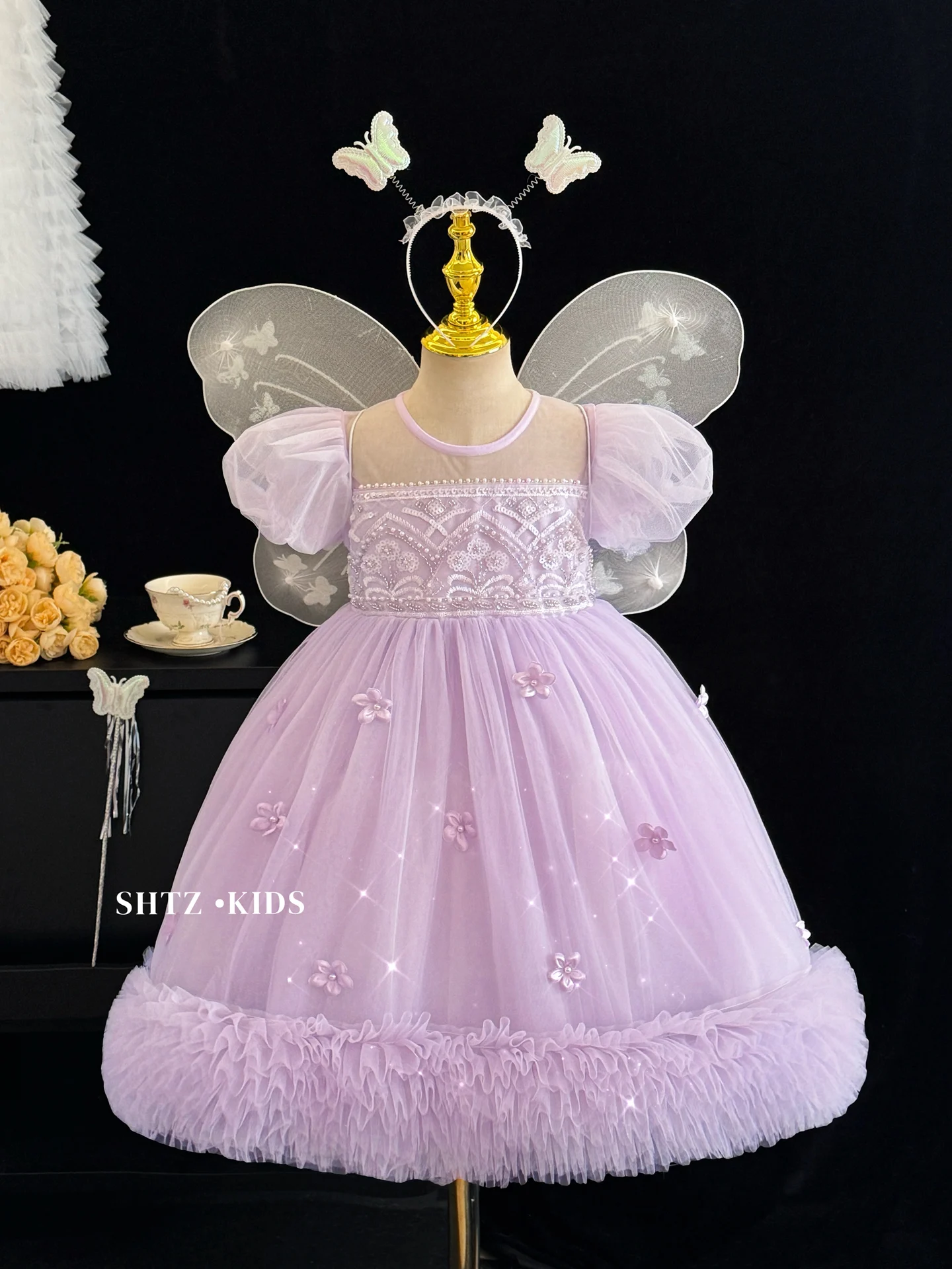 princess-skirt-summer-outfit-purple-puffy-wings-fairy-dress-children's-performance-costume-soft-polyester-fiber