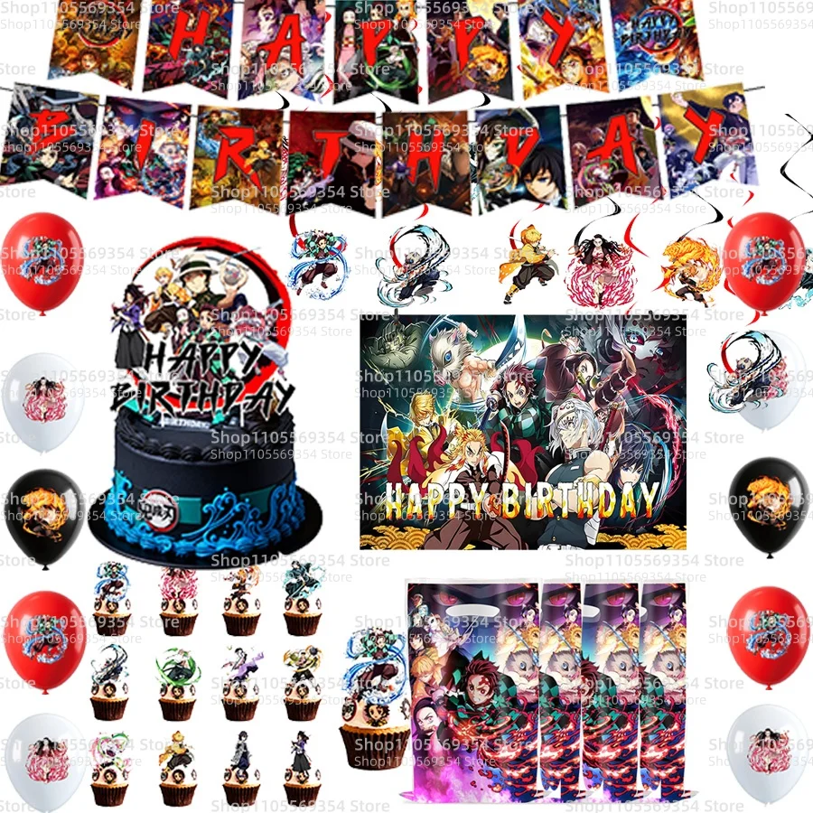 Decoración para Fiesta de Cumpleaños al Aire Libre de Demon Slayer: Kimetsu no Yaiba, Bolsas de Regalo, Sellos, Globos, Adornos para Pastel, Pancarta, Espirales