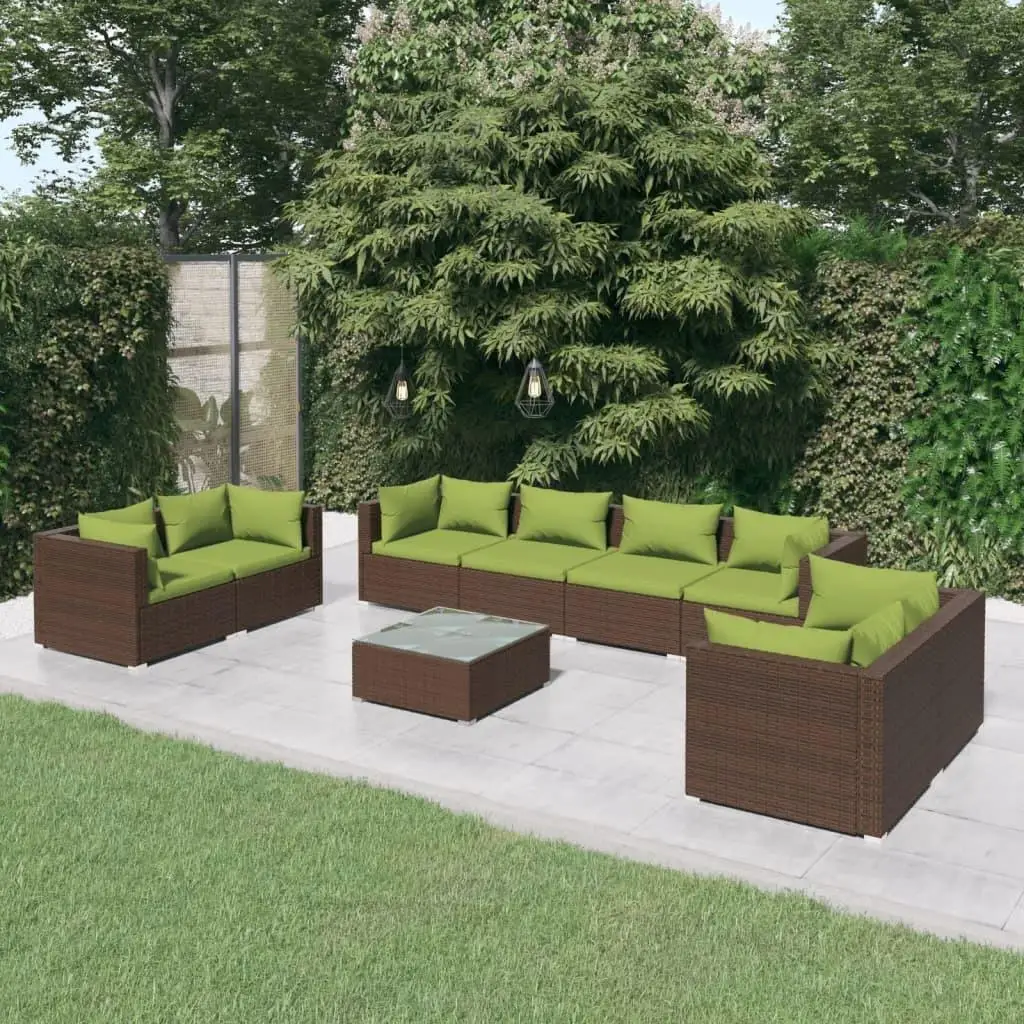 9-Piece Brown Poly Rattan Patio Lounge Set with Cushions – Stylish Outdoor Furniture