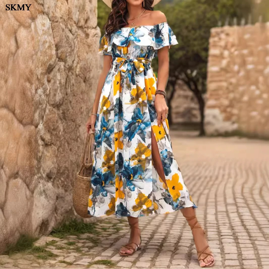 SKMY 2024 Women's One Shoulder Lotus Leaf Edge Printed Bright Color Dress With Lace Up Elegant Dress Leisurely Dress