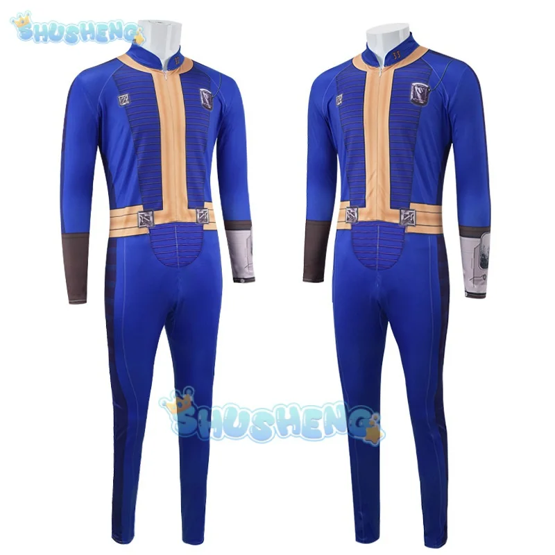 男性と女性のためのテレビのフレアアウトルーシーコスプレジャンプスーツ、3Dプリントジャンプスーツ、ハロウィーンカーニバルセット、ボールト11、33シェルター、ブルーボディスーツ、2024