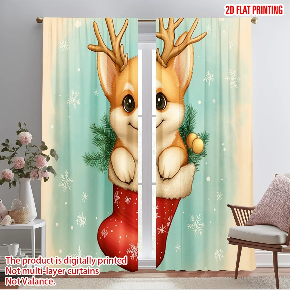2pcs,2D plane printing Minimalist Curtains Cute Puppy Christmas Stocking Holiday (3) Versatile 100% Polyester (without rod)