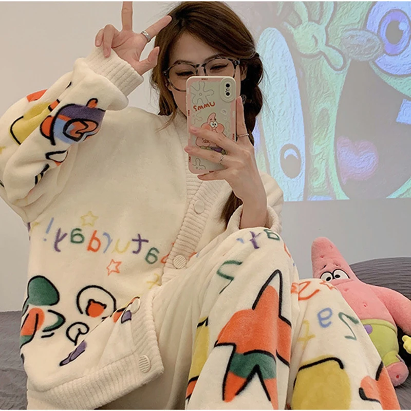 Autumn Winter V-neck Cartoon Cardigan Set Flannel Pajamas Women's Thickened Coral Velvet Long Sleeved Plush Home Clothes