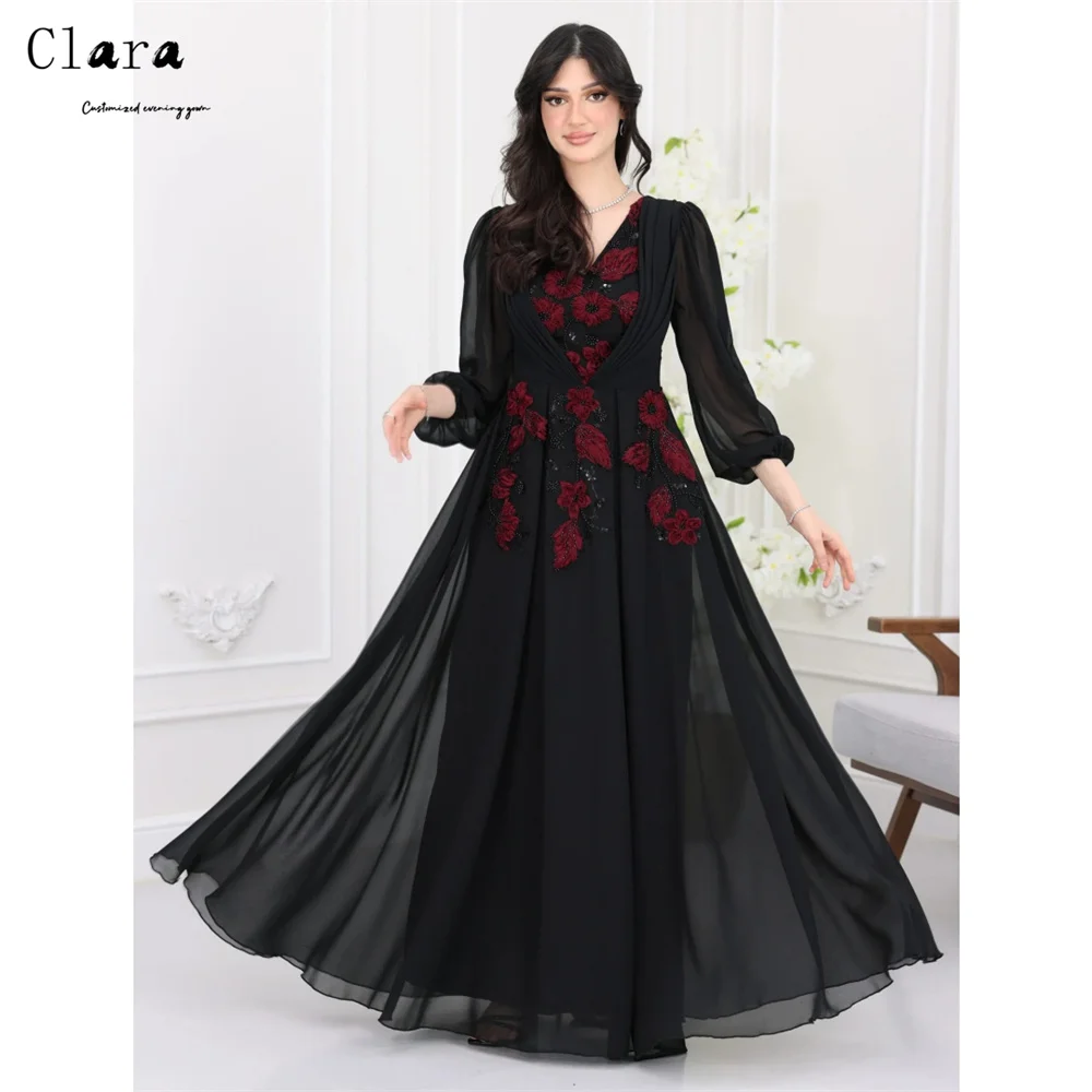 

Clara Custom Flower Embroidery Long Sleeves V-neck Evening Dresses Woman Elegant Party Dresses 2025 Woman Luxury Evening Dress