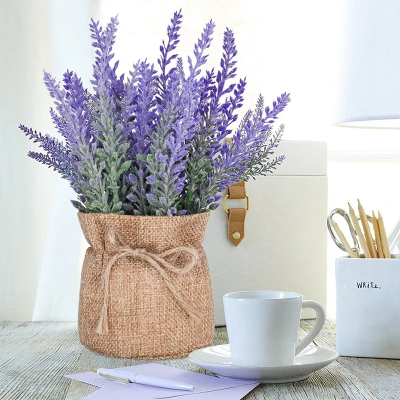 Lila Lavendel Hanfseil-Tasche mit Künstlicher Pflanze für Zuhause und Schreibtisch, Simulierte Blumendekoration aus Umweltfreundlichem Fasermaterial