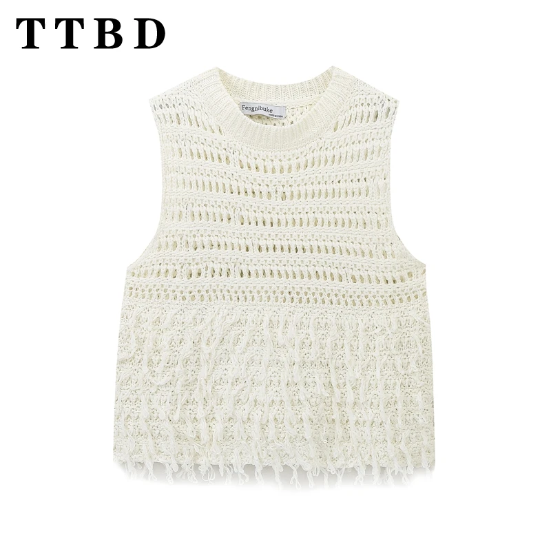 

TTBD 2024 Summer Wear New Women's Fashion Trend Basics Tassel Hem Solid Color Round Neck Sleeveless Top