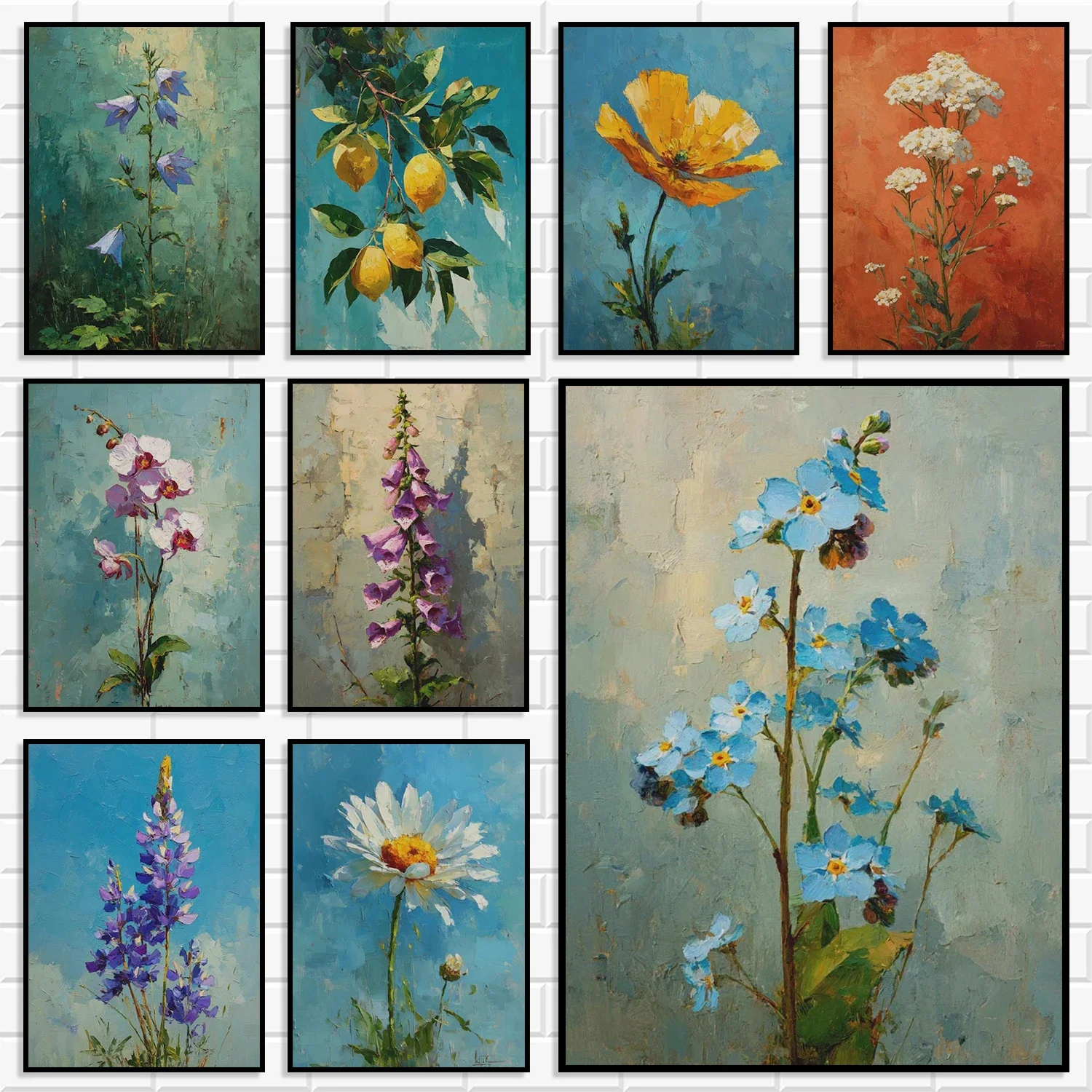 Vintage Wildflower Botanical Wall Art Prints Retro Flower & Lemon Oil Painting Poster Gift for Plant Lover Home Wall Decorati