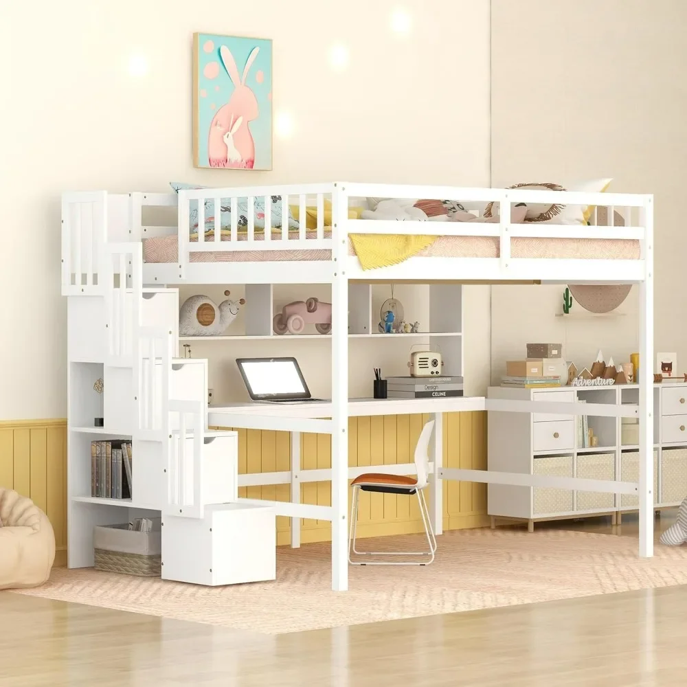 

Full Loft Bed with Desk & Storage Stairs, Wood Loft Bed with Storage Shelves Staircase, High Loft Beds with Storage Steps Desk