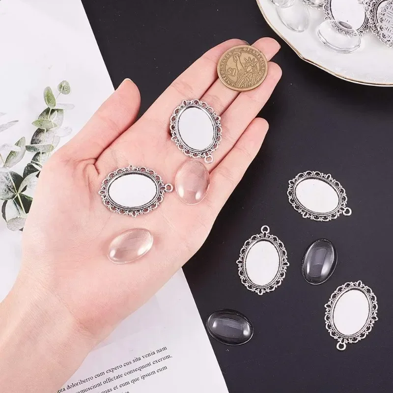 60pcs Bezel Pendant Blanks Settings - 30pcs Oval Pendant Trays Photo Charms with 30pcs Glass Cabochons for Bouquet Bridal