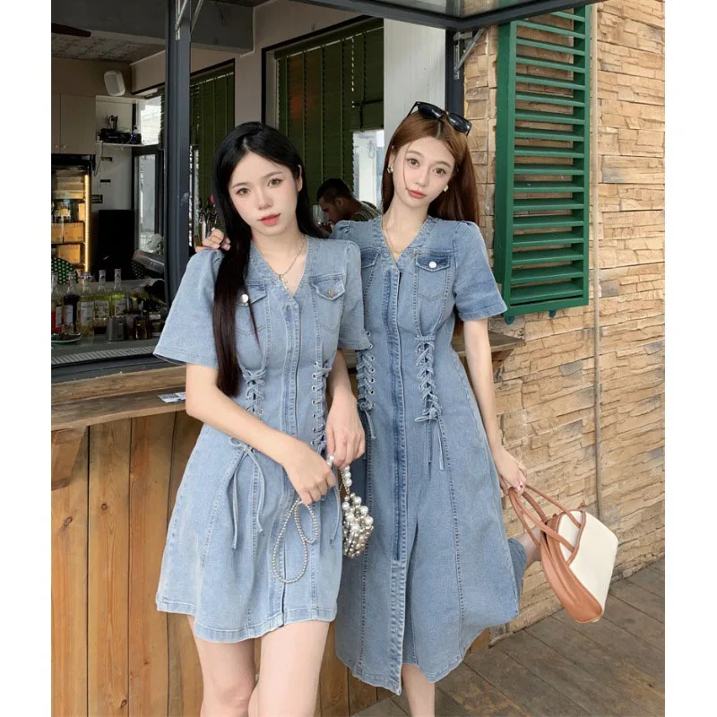 Abito in Denim retrò temperamento cravatta sottile abiti a vita alta donna taglia grande L-4XL stile Hong Kong a-line abiti corti e lunghi