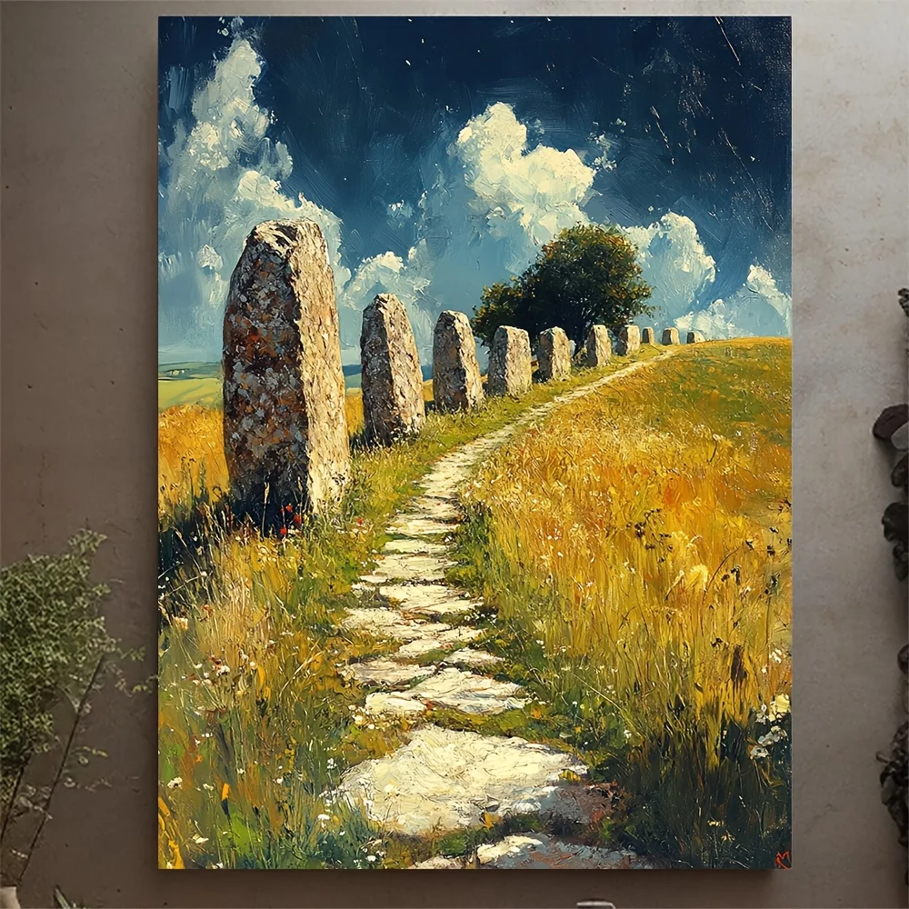 (No frame)1pc Avebury Stone Circle Wall Art Print - 12x16 Inch Framed Canvas with Recycled Wood Frame, Vibrant Landscape Pain