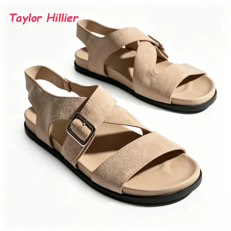 Open Toe Cross Buckle Back Strap Flat Sandals Women's Suede Outdoor Summer Trendy Beach Daily Commute Walking Casual Shoes