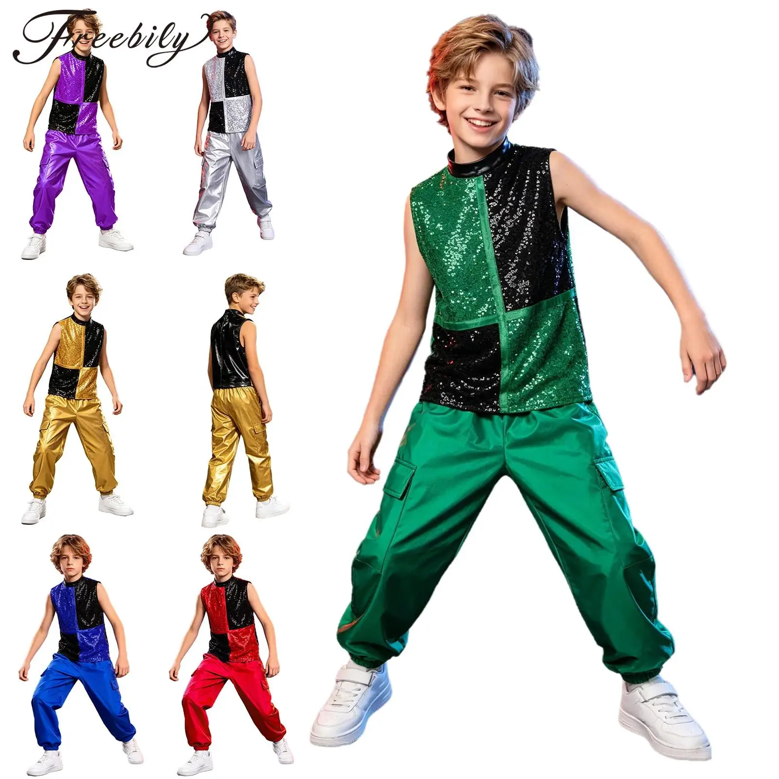 

Kids Boys Metallic Jazz Hip Hop Dance Outfits Sleeveless Zipper Shiny Sequins Color Block Tank Top Vest with Cargo Pants Set