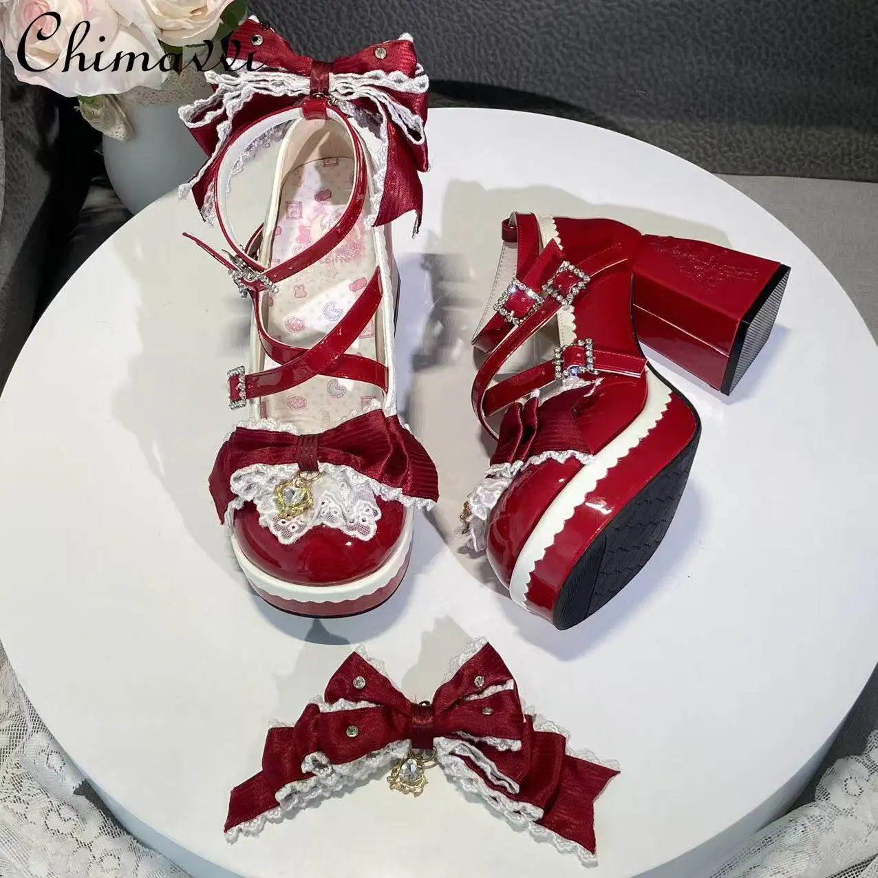 

New Super High Heels 9cm Sweet Lace Bow Lolita High Heels Original Japanese Style Cute Girly Princess Women Pumps Shoes