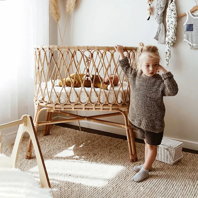 Natural rattan baby princess bed retro handmade baby children rattan bed heightened fence