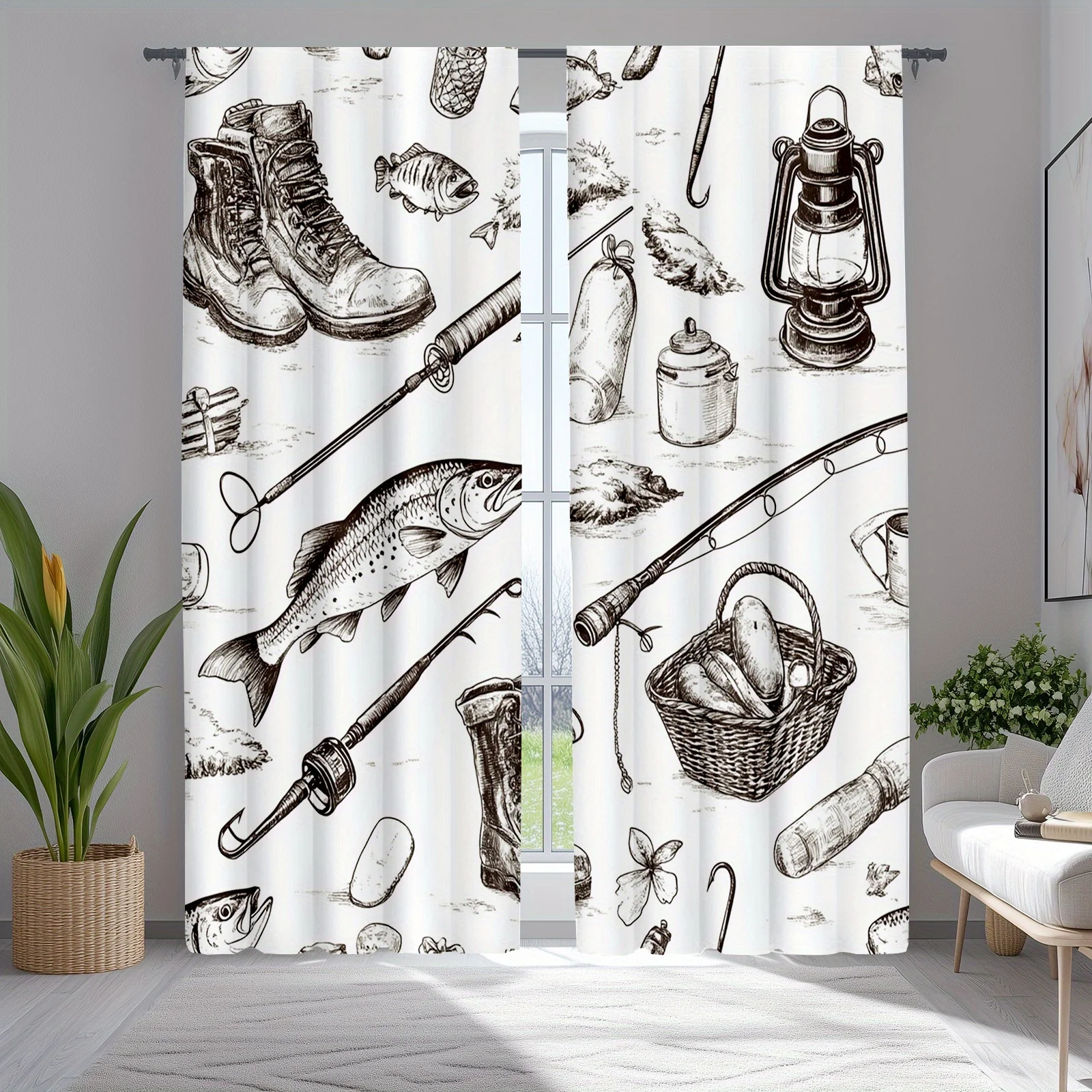 Rustic Fishing Gear Illustration Curtain Window Shower Curtain Bathroom Man Cave Decor Nautical Cabin Cottage Boho Polyester Tap