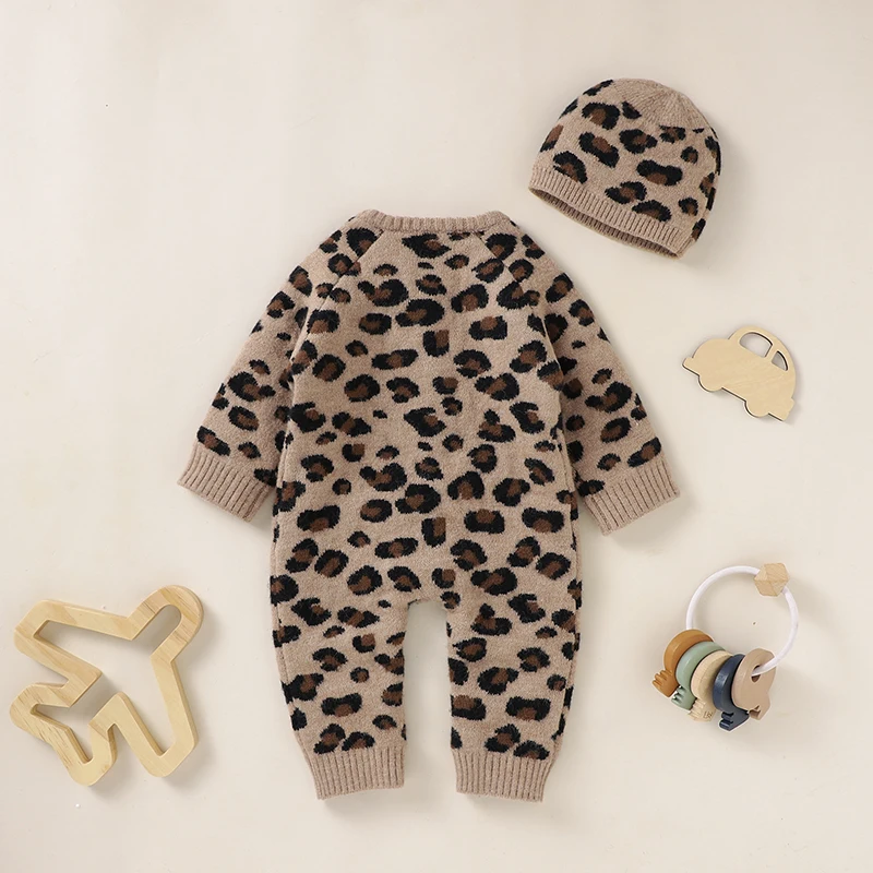 Winter Baby Rompers Clothes Fashion Leopard Knitted Newborn Boys Girls Jumpsuits Hats Outfits 2pcs Set 0-18m Infant Toddler Wear