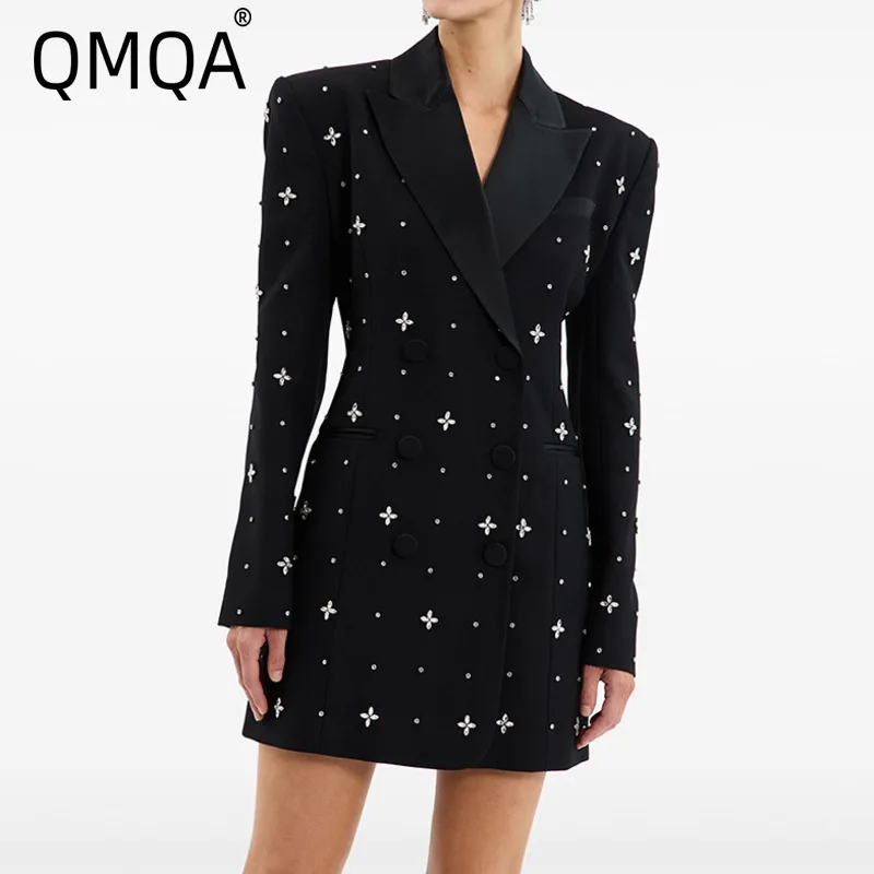 

QMQA Fashion Women's Elegant Suit Dress Spliced Bead Diamond Long Sleeve Mini Dresses 2025 Designer Female Clothing QM288