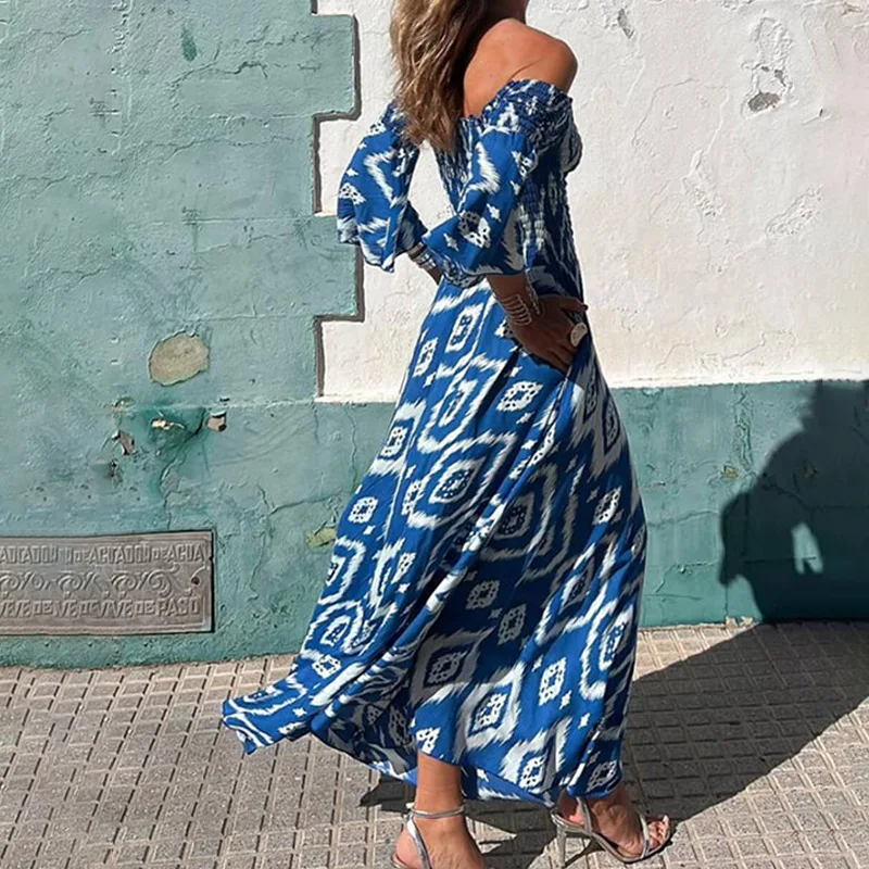 Floral Pleated Off-the-shoulder Pocket Maxi Dress Print Pleat Elegant Women Elastic Waist Boho Dress Flare Sleeve A-line Dress