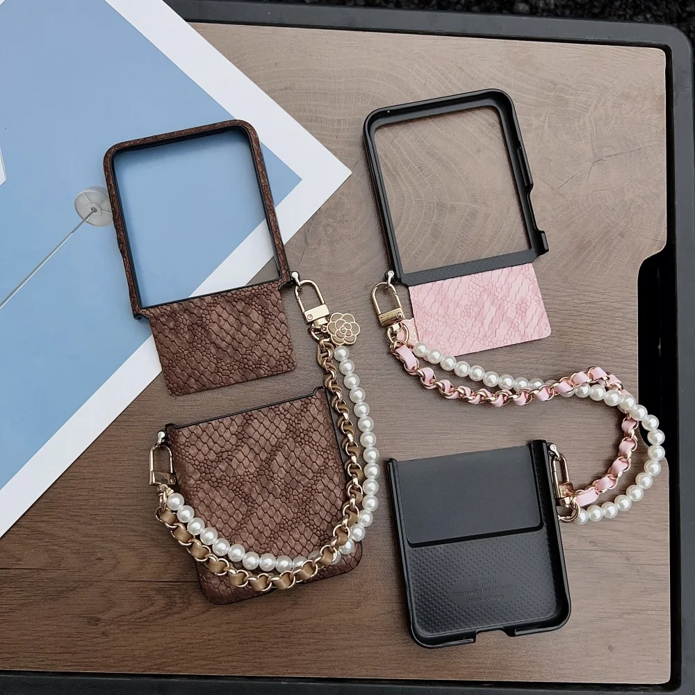 Luxurious Snake Texture Leather Phone Case for Samsung Galaxy Z Flip 7 6 5 4 Zflip7 Pearl Flower Bracelet Strap Back Cover Funda view 5