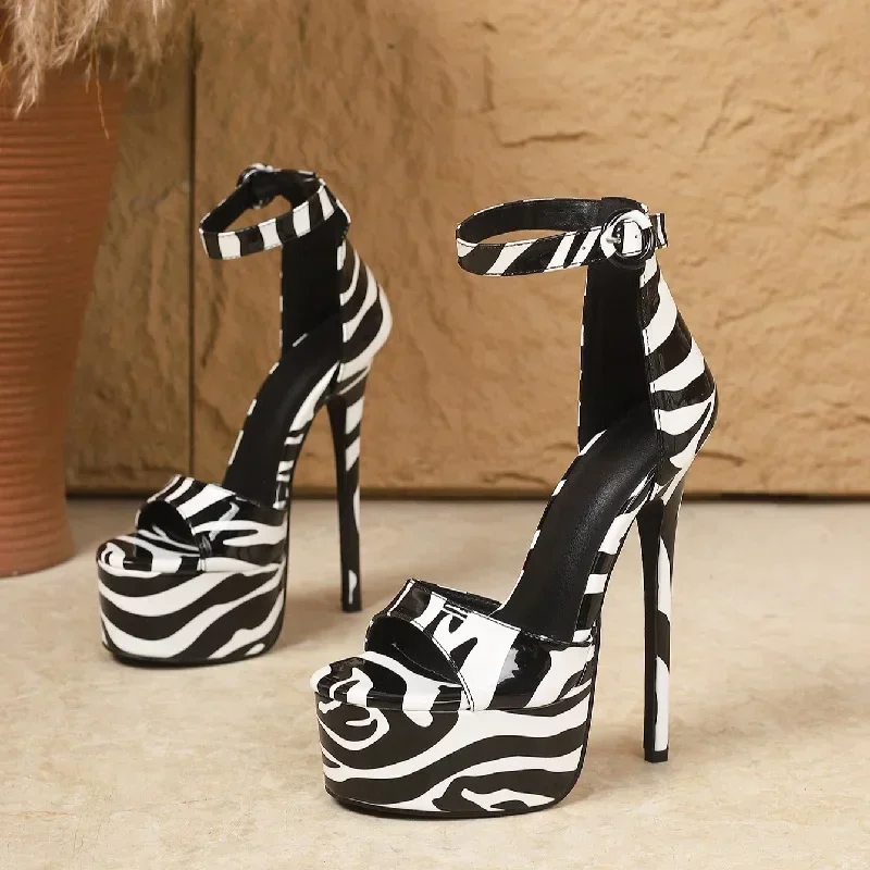 

Aneikeh Fashion Design Zebra Stripe Super Stiletto High Heels Women Sandals Summer Buckle Strap Nightclub Prom Female Shoes