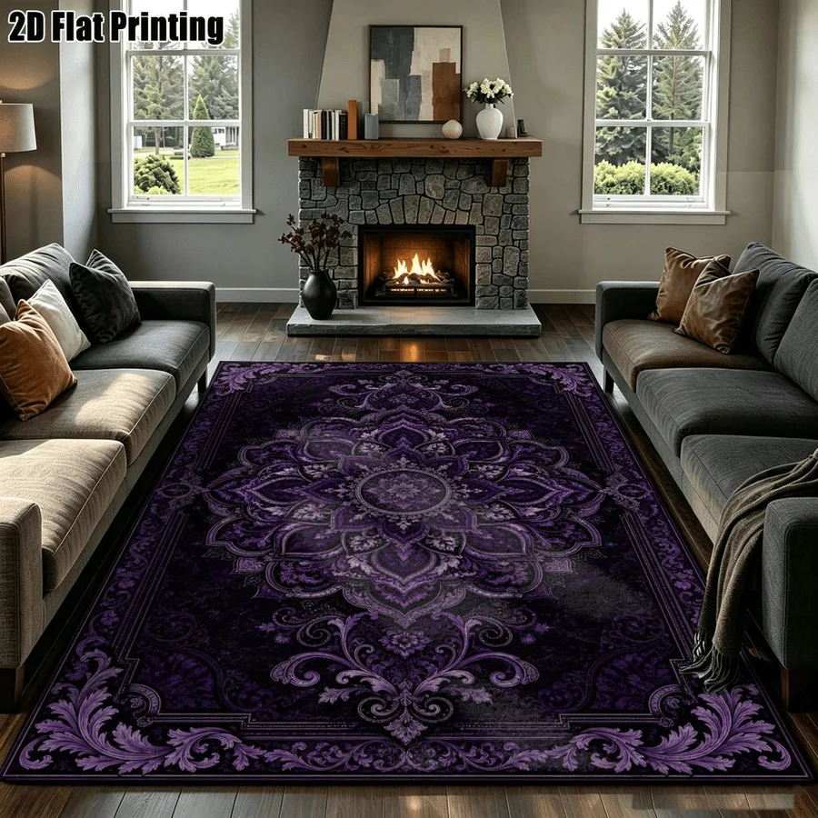 1Pc European Palace Retro Purple-Black Mandala Pattern Rug, Bohemian Style Decorative Rug, Suitable for Living Room, Bedroom, Dining Room, Bedside, Indoor and Outdoor Terrace, Home Decoration Accessories