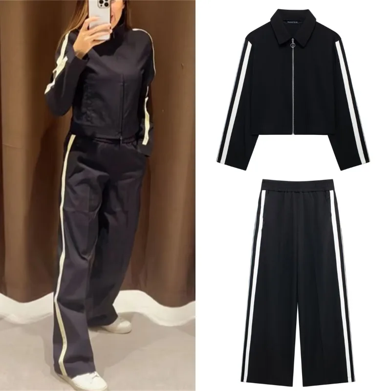 Fashion side black and white striped suit zipper sports jacket elastic loose pants women's casual suit